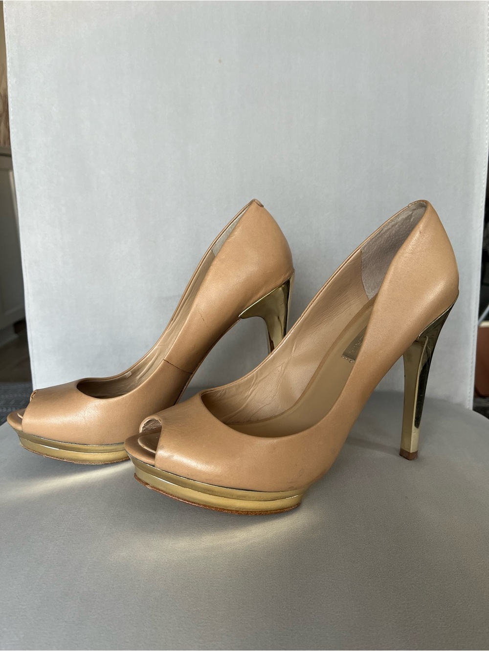 BGBGMaxAzria Vero Cuoio Women’s Nude Peep-Toe High Heels with Gold Accents